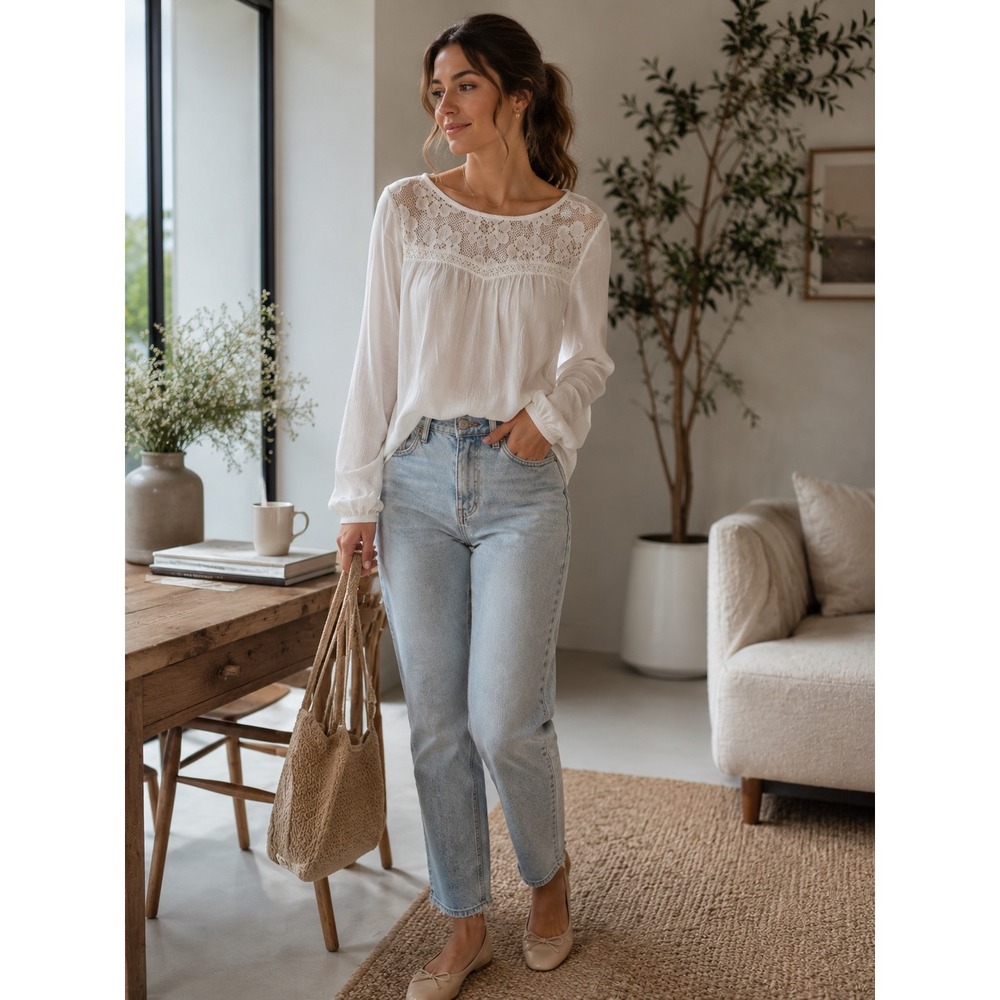 Lascana White Lace Yoke Long Sleeve Blouse Crinkle Boho Top US 8